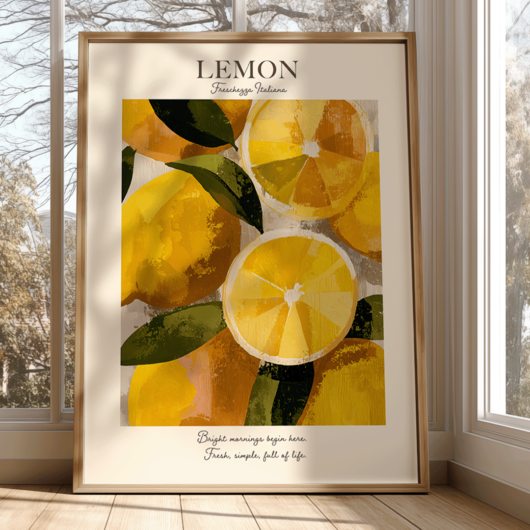 A framed lemon art print leaning against a window in a sunlit room. The print features a textured yellow and green lemon illustration with the word 'LEMON' at the top and a short quote at the bottom, enclosed in a light wood frame.