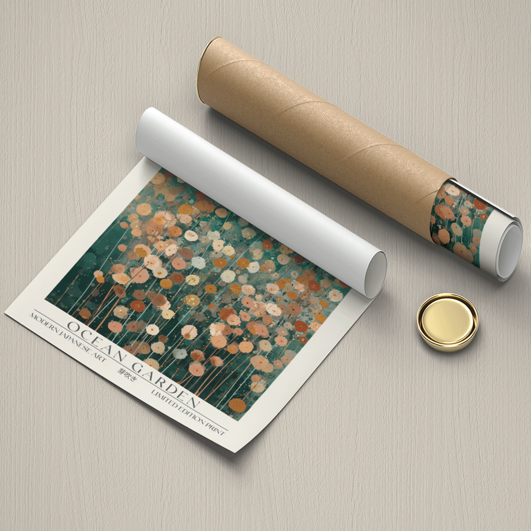 A rolled art print or poster shown partially unrolled alongside a kraft mailing tube and a round gold cap on a light neutral surface. The visible printed artwork features an abstract floral or bubble pattern in teal, peach, cream, and brown tones, with the text 'OCEAN GARDEN' and smaller text below.