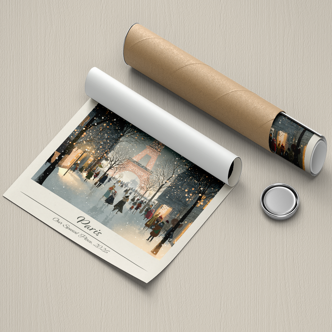 Roll of paper with a printed design of a snowy street scene, placed on a textured surface.