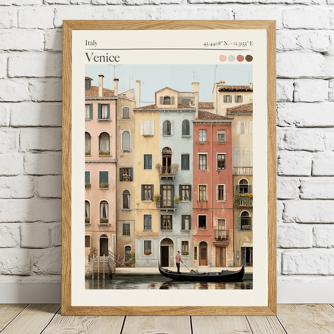 Framed artwork of a canal scene with gondola and colorful buildings in Venice, Italy.