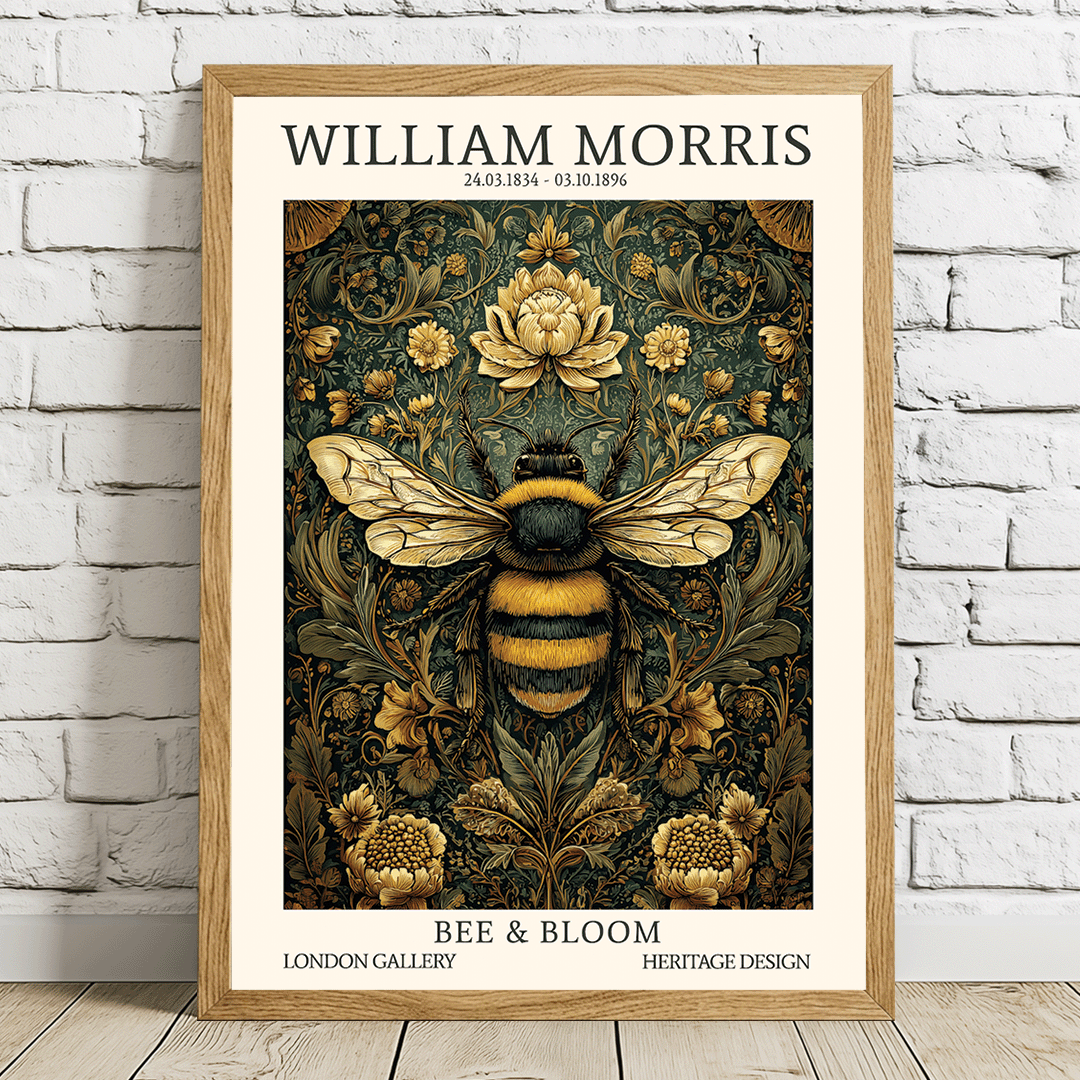 A framed art print featuring a detailed Victorian-style illustration of a bee and flowers, with the text 'WILLIAM MORRIS' at the top and 'BEE & BLOOM' at the bottom, leaning against a white brick wall on a wooden floor.