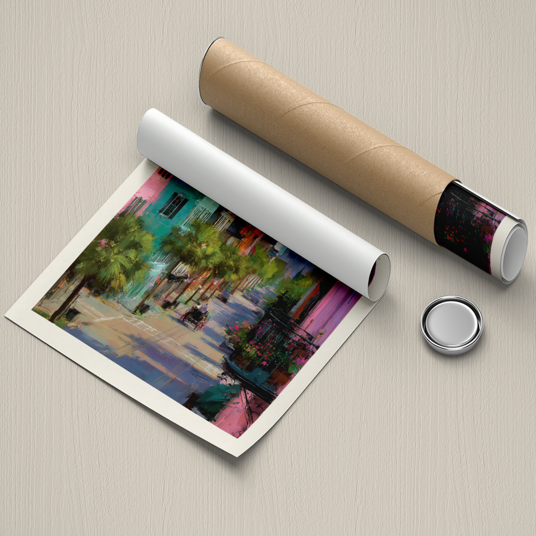 Rolled-up artwork with a cylindrical object on a textured surface