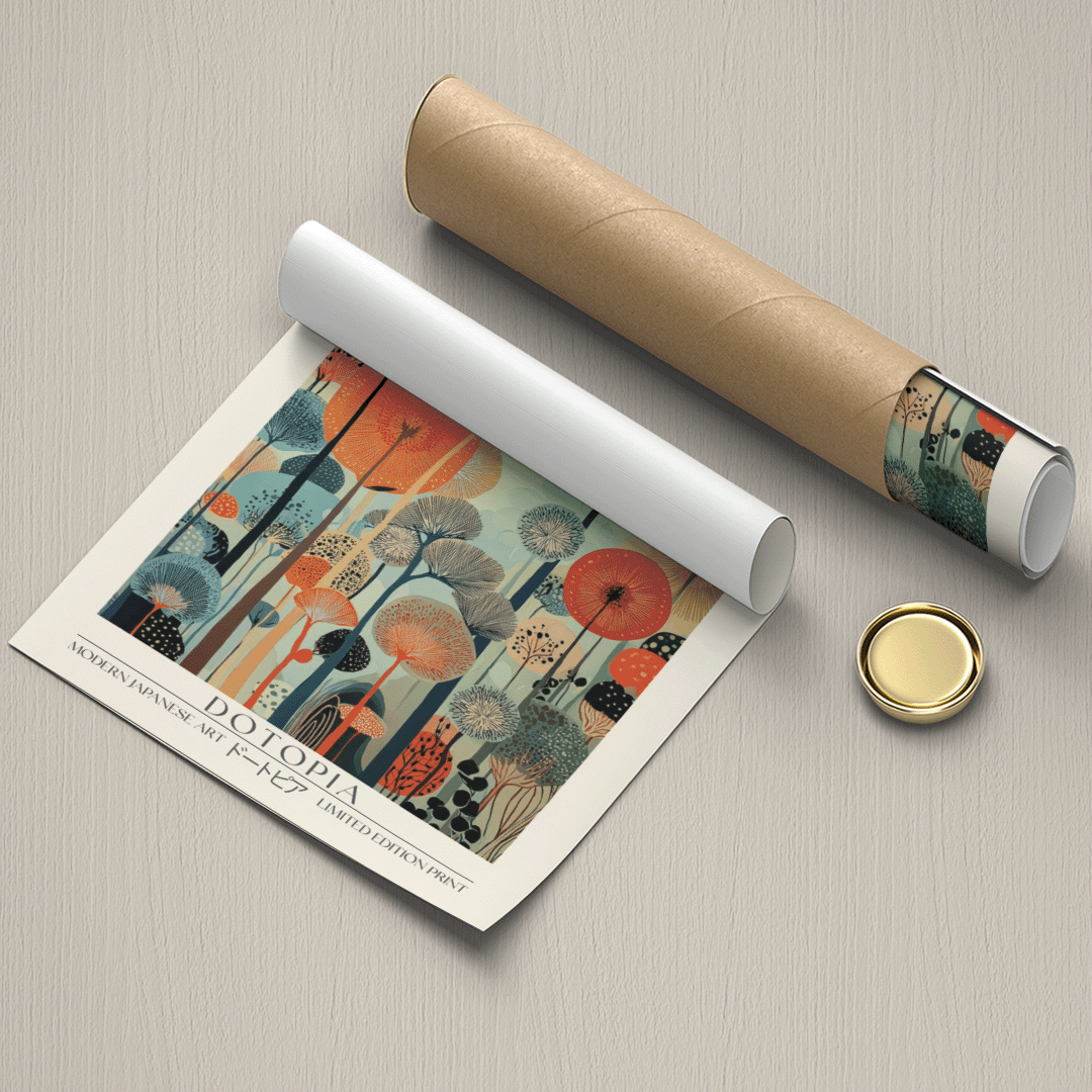 A rolled art print or poster with a colorful abstract forest design is shown partly unrolled on a light gray surface, alongside a brown cardboard mailing tube and a round gold cap.