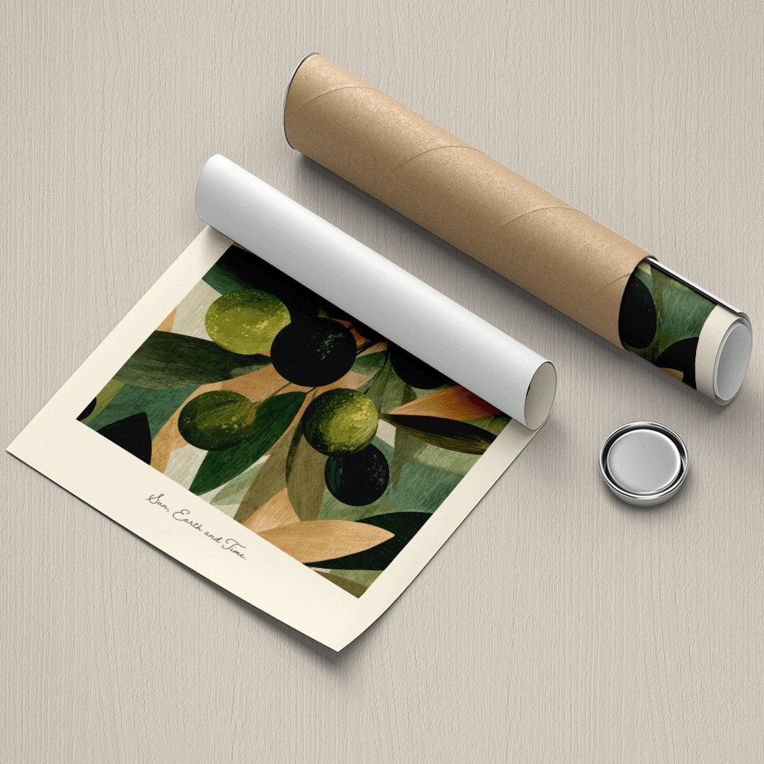 An art print featuring an abstract olive branch design is shown partially unrolled next to its kraft paper mailing tube and a small round metal cap on a light beige textured background.