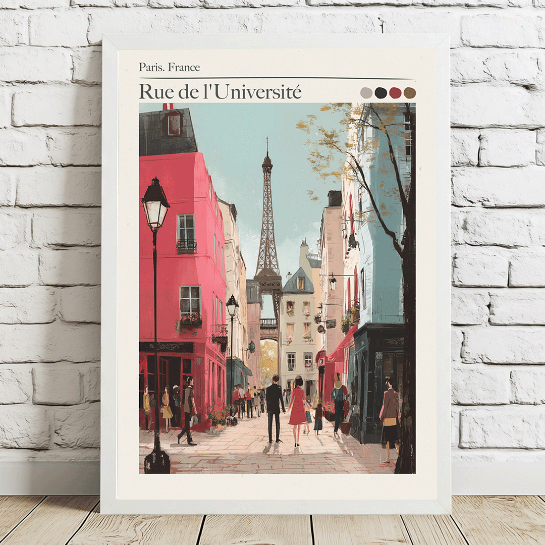 Framed artwork of a Paris street scene with the Eiffel Tower in the background, displayed on a white brick wall.