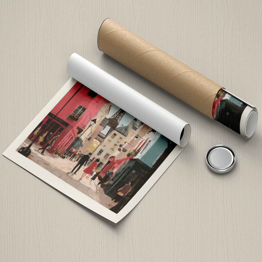 Roll of paper with a printed design on a beige surface