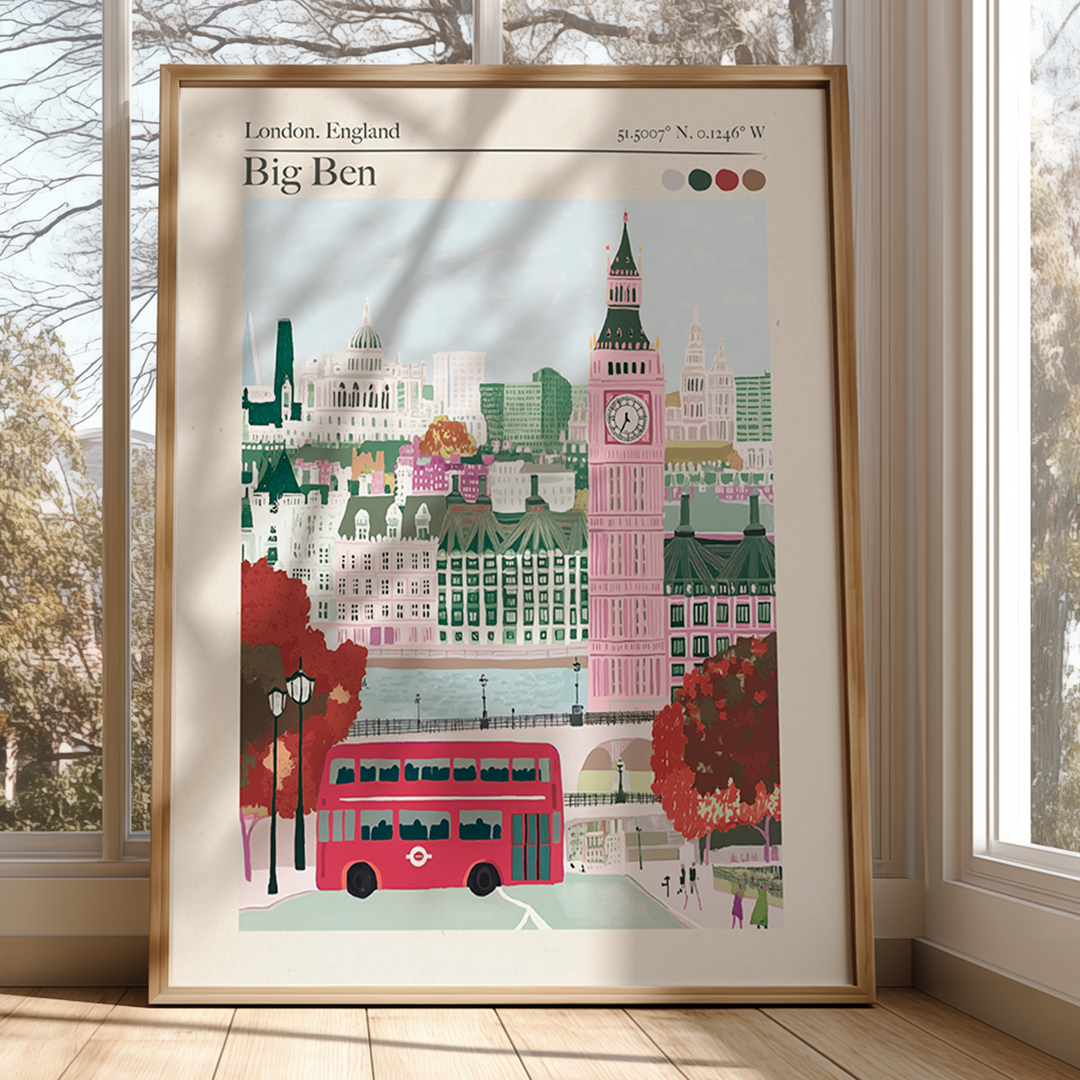 Framed illustration of London with Big Ben and a red bus, placed on a windowsill.