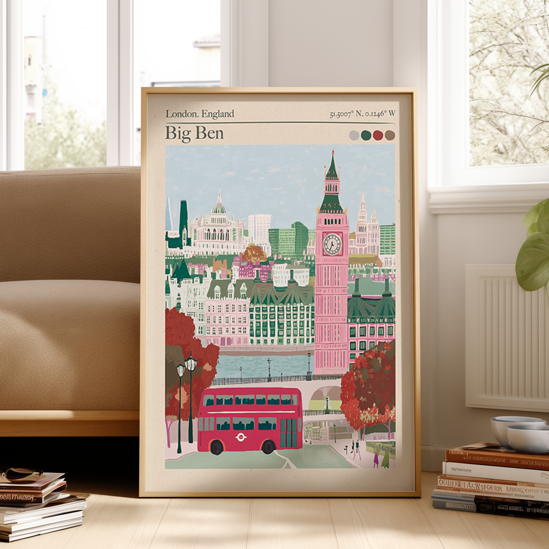 Framed poster of London, England with Big Ben and a red bus in a living room.
