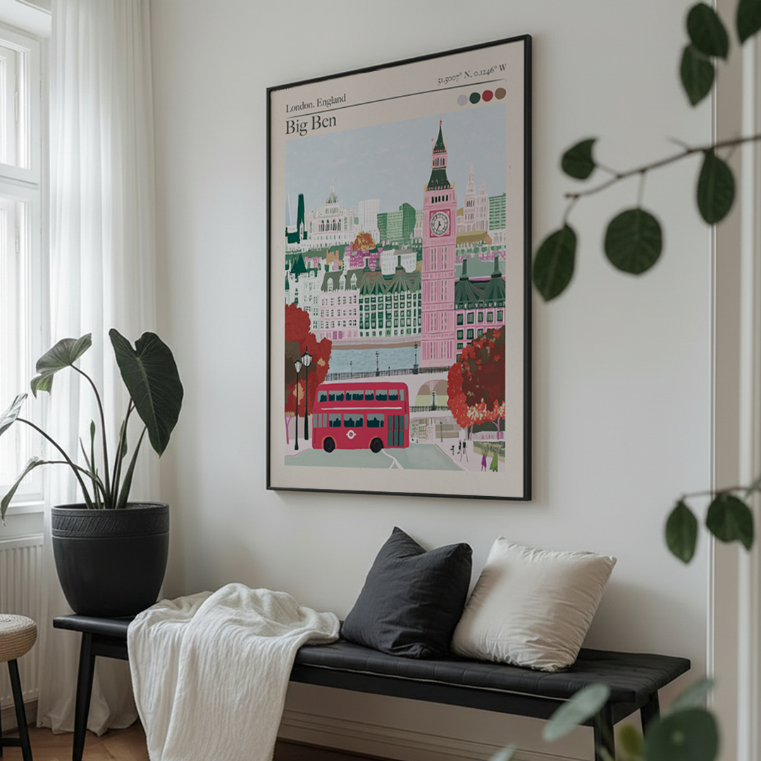 Framed artwork of London with Big Ben on a wall above a bench with cushions.