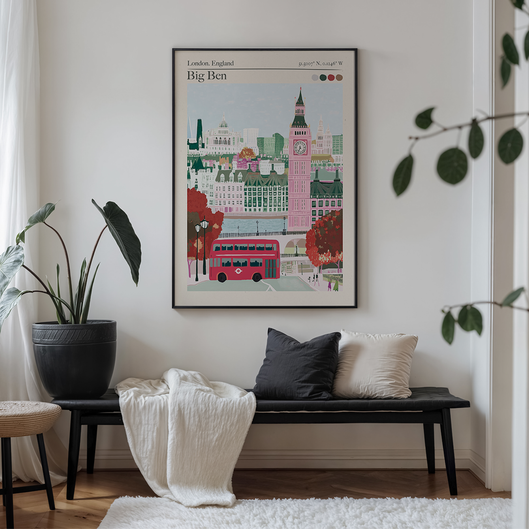 Living room with a framed poster of London, England, featuring Big Ben and a red double-decker bus.