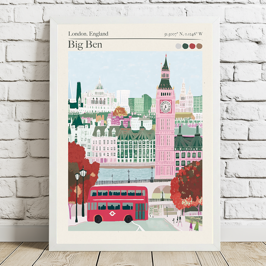 Framed artwork of London, England with Big Ben and a red double-decker bus on a white brick wall.