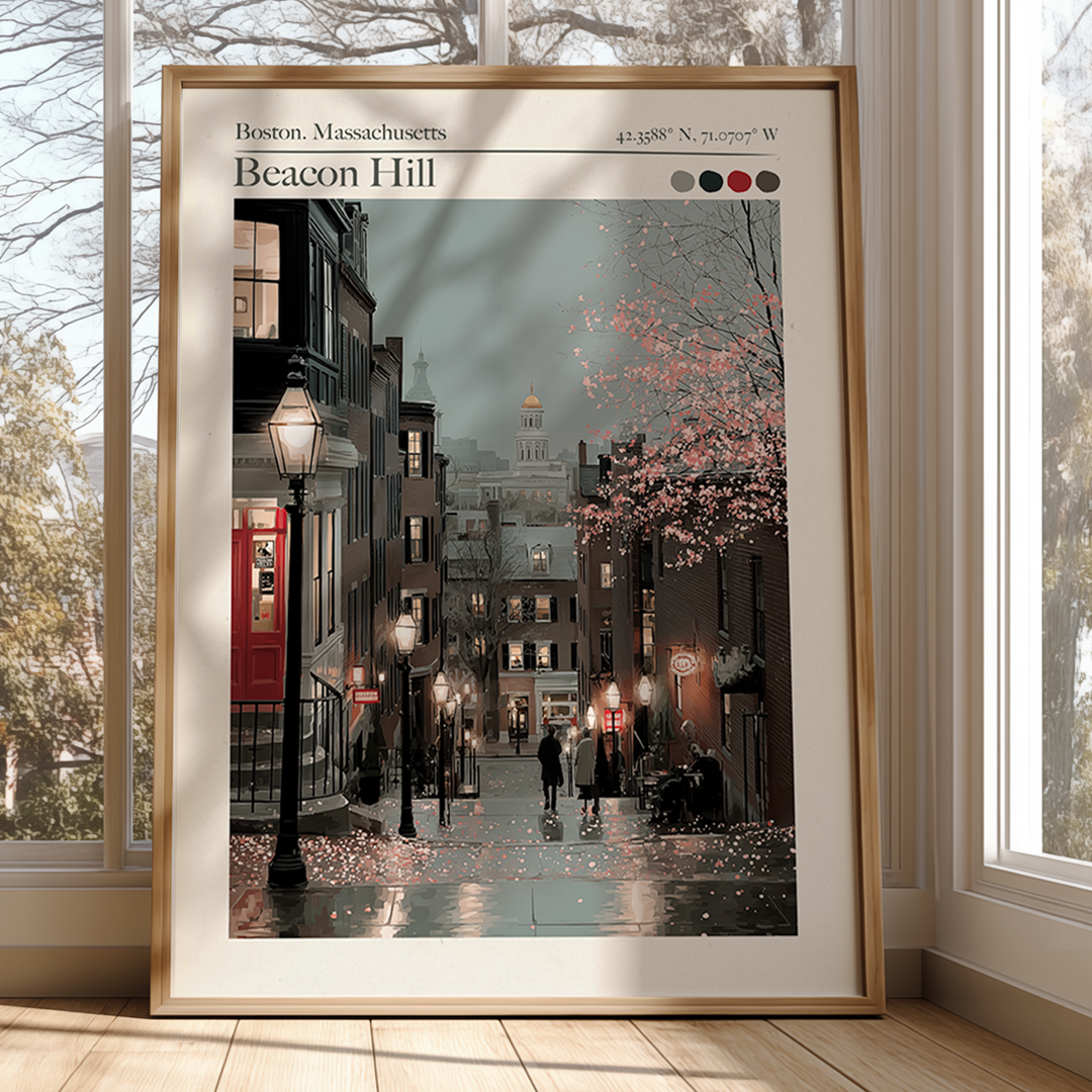 Framed artwork of a city street scene with cherry blossoms, displayed in a room with large windows.