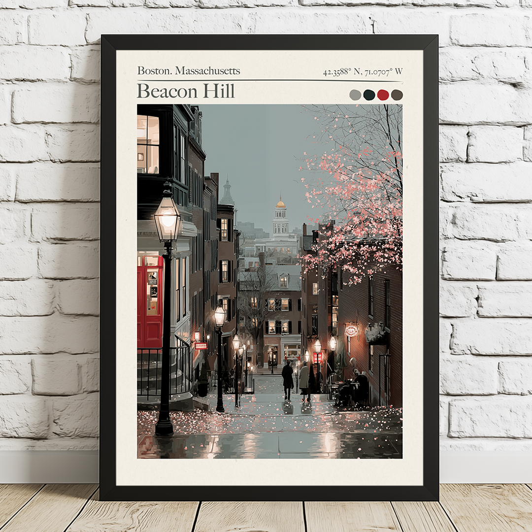 Framed artwork of Beacon Hill, Boston, Massachusetts, on a white brick wall.