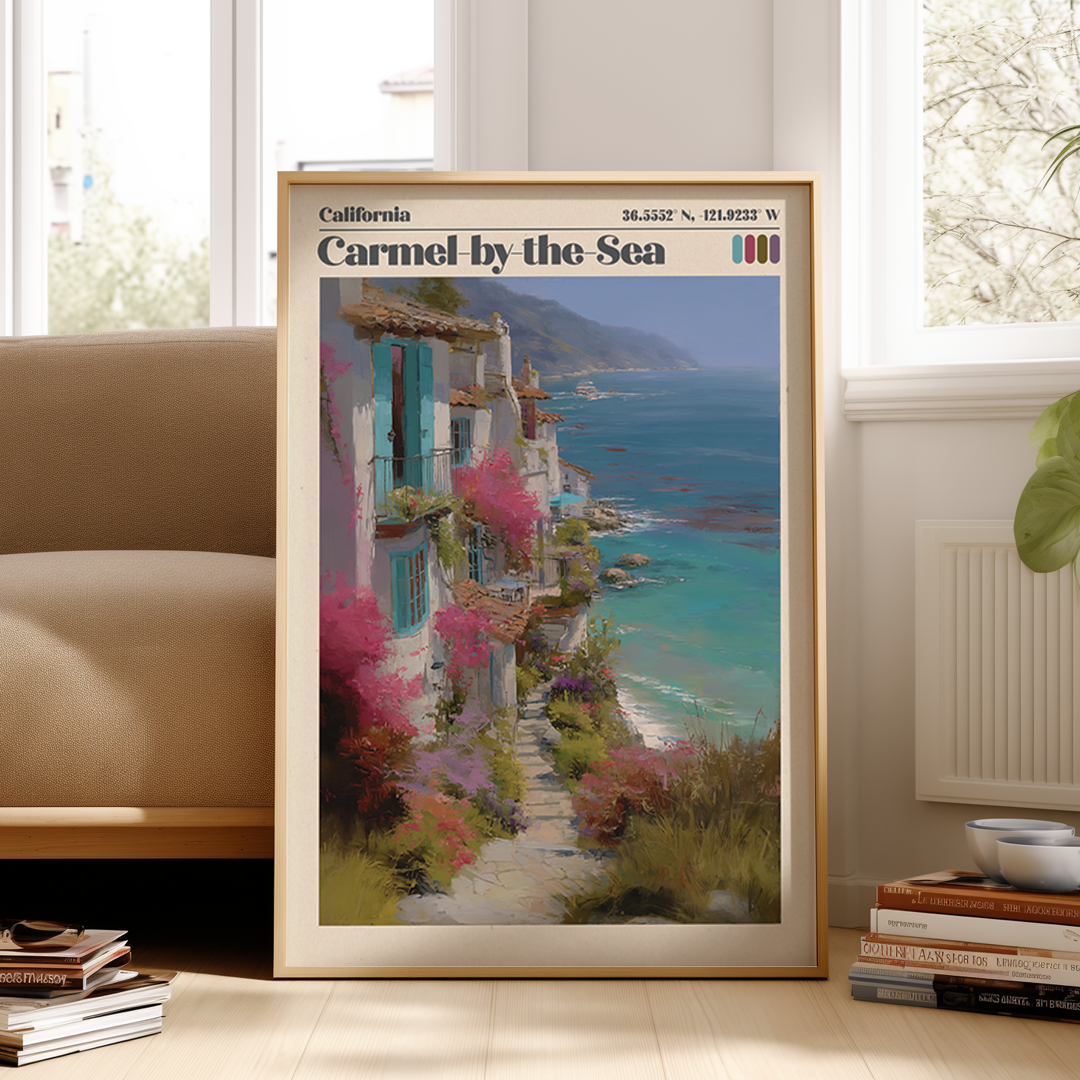 Framed artwork of Carmel by the Sea with a scenic coastal view.
