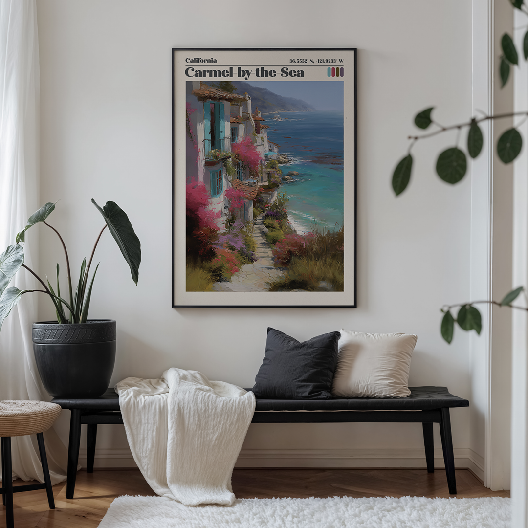 Living room with a bench, plant, and framed artwork of Carmel by the Sea.