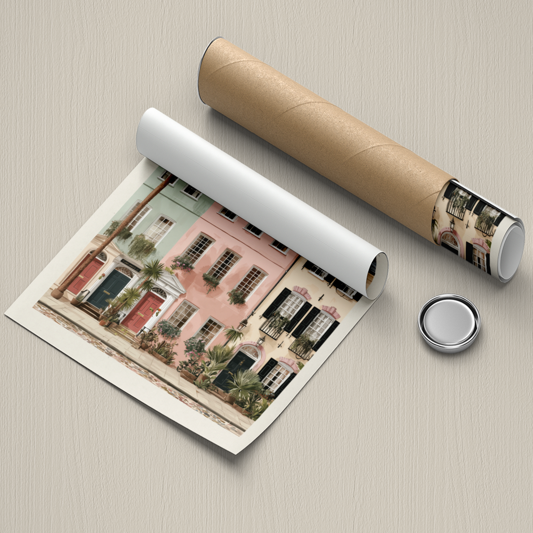 Rolled-up poster of a colorful building with a cylindrical packaging container and a button on a beige surface.