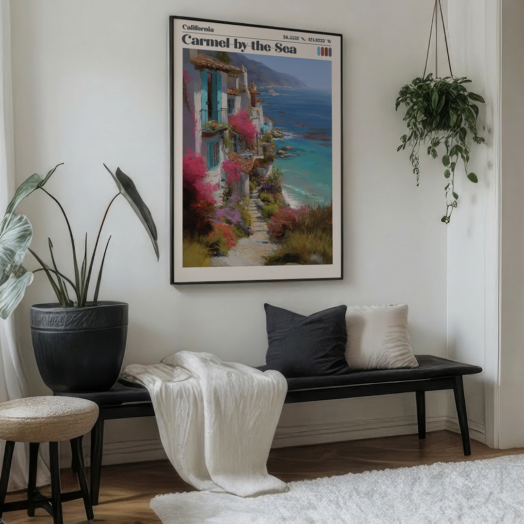 Living room with a bench, cushions, and a framed artwork of a coastal scene.