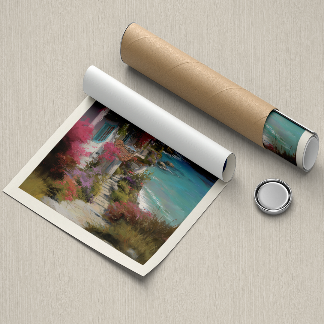 Roll of paper with a scenic print on a textured surface