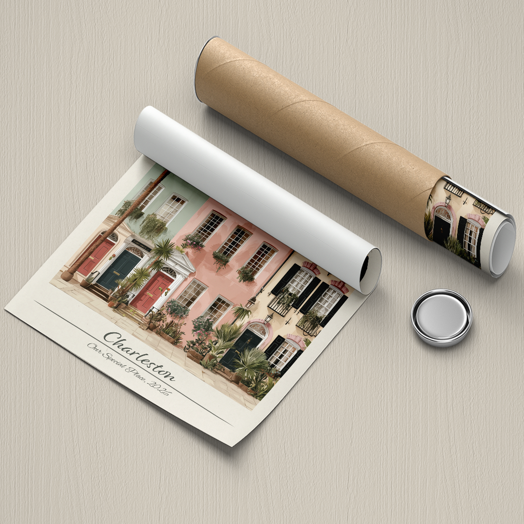 Roll of paper with a printed design of a building and a small round object on a beige surface