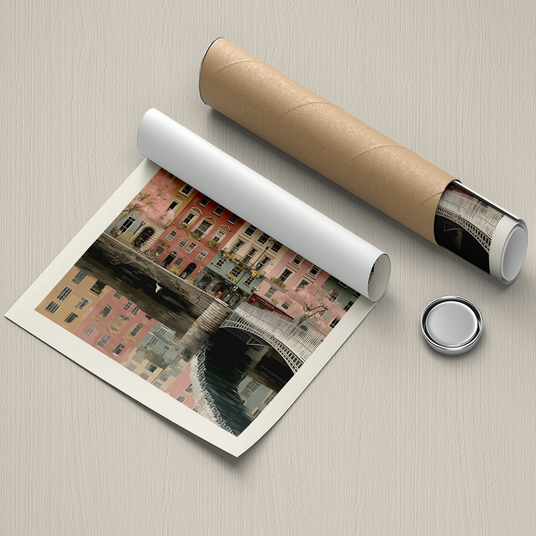 Unrolled poster of a cityscape with a roll of paper and a button on a beige surface