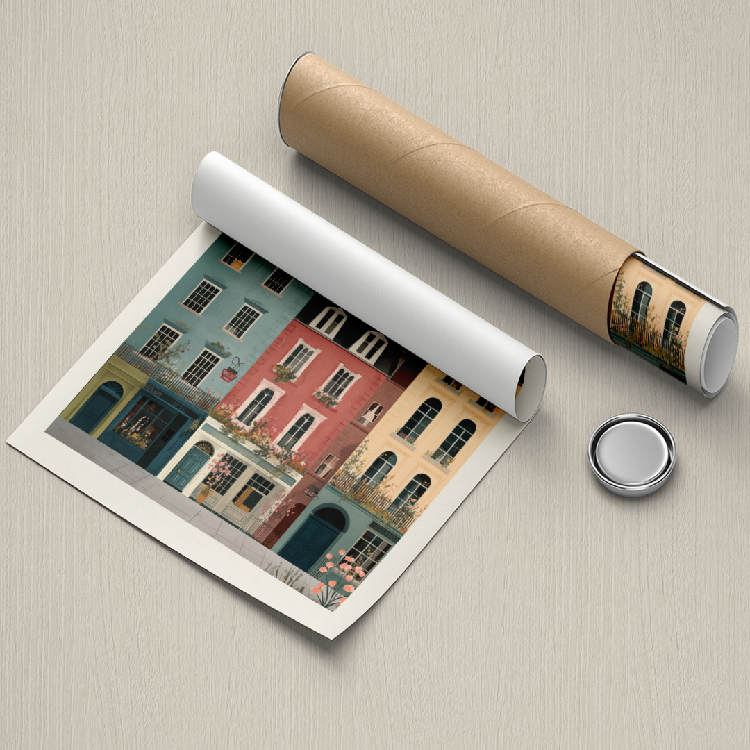 Rolled-up poster of colorful buildings with a cylindrical object on a beige surface