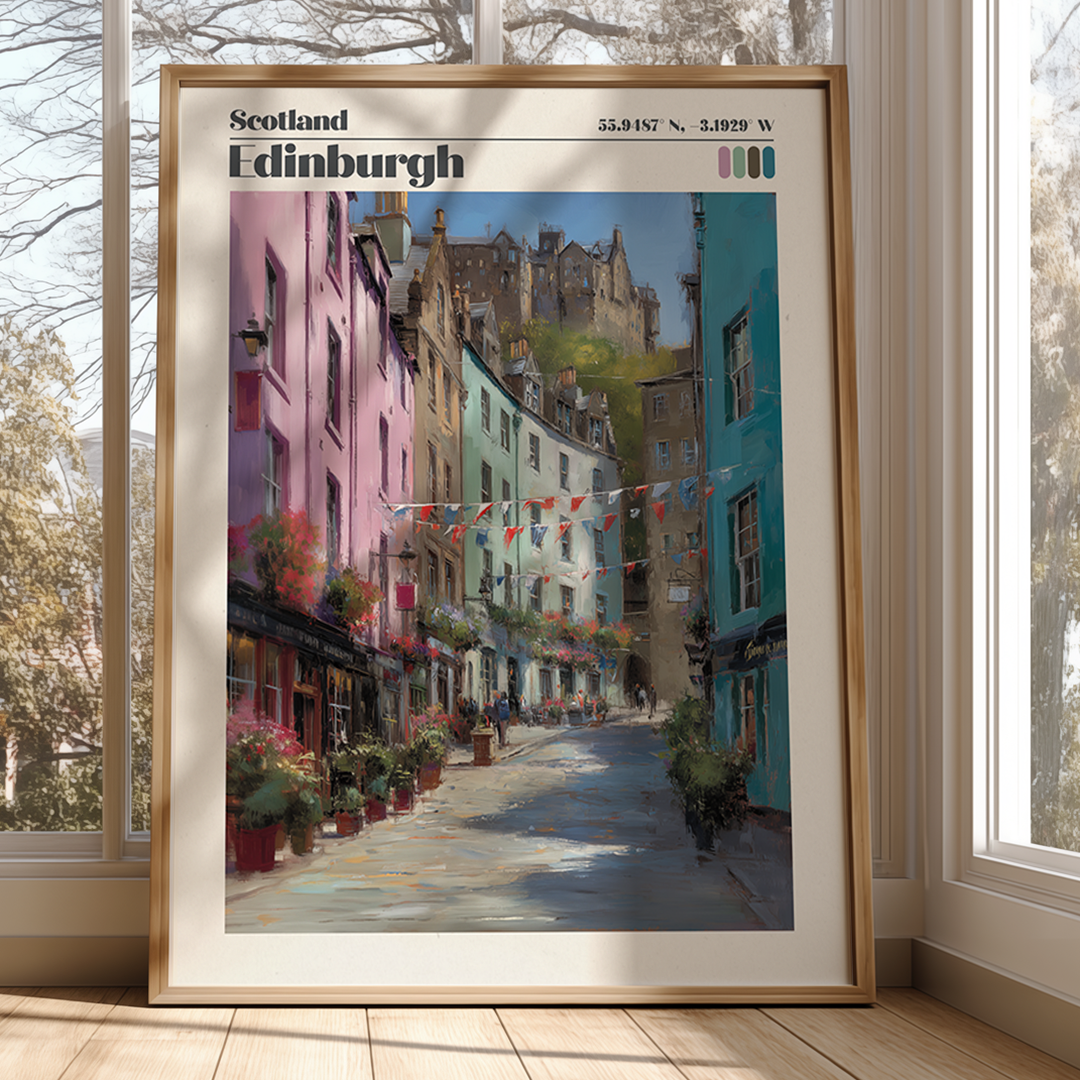 Framed artwork of a street scene in Edinburgh, Scotland, with colorful buildings and a castle.