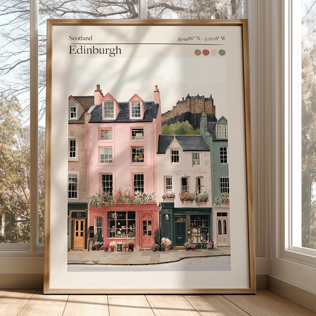 Storybook‑style Edinburgh Old Town art print featuring pastel buildings and castle views. A timeless travel memory printed on museum‑quality paper.