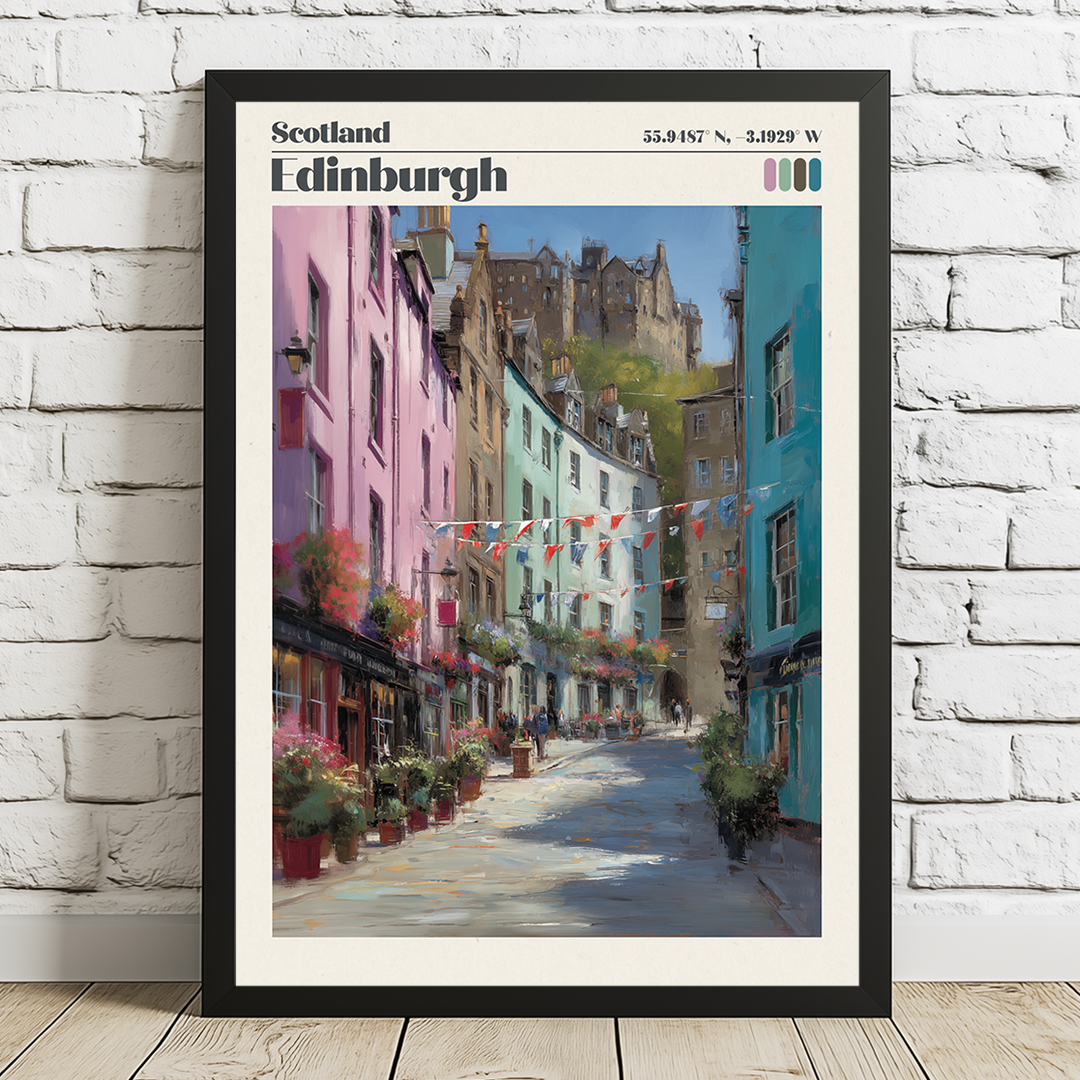 Framed artwork of a street scene in Edinburgh, Scotland, with colorful buildings and a castle in the background.