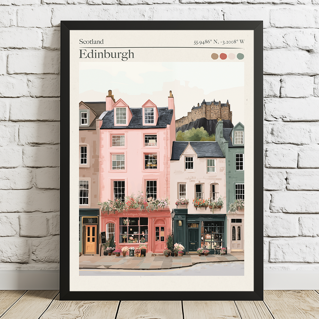 Storybook‑style Edinburgh Old Town art print featuring pastel buildings and castle views. A timeless travel memory printed on museum‑quality paper.