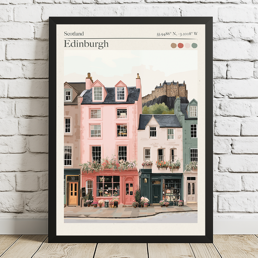 Storybook‑style Edinburgh Old Town art print featuring pastel buildings and castle views. A timeless travel memory printed on museum‑quality paper.