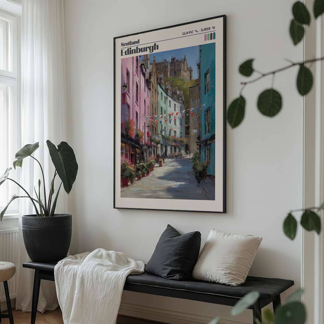 Framed artwork of Edinburgh on a wall above a bench with cushions.