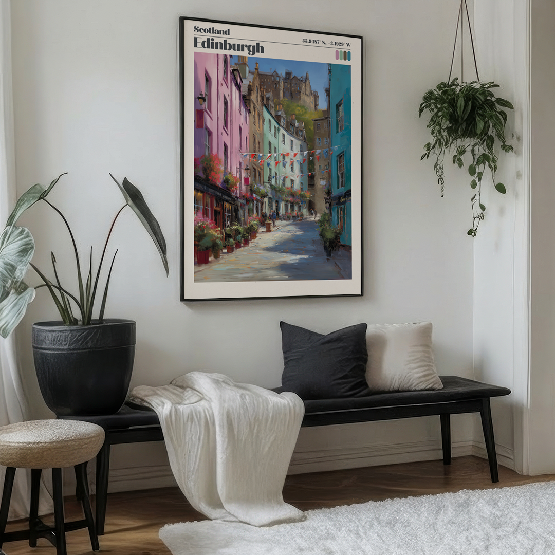 Living room with a framed picture of Edinburgh on the wall, a bench with pillows, and plants.