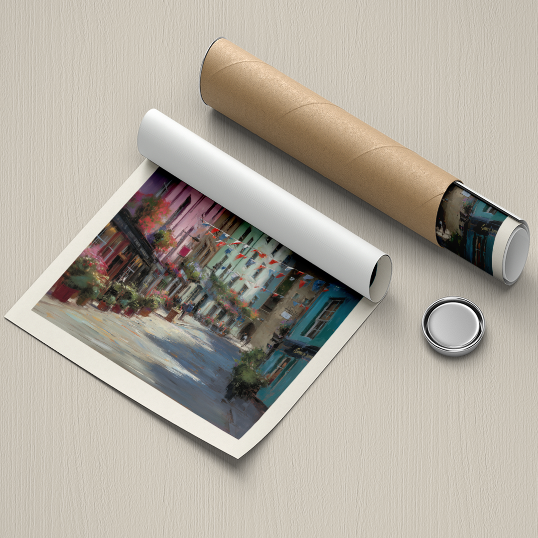 Rolled-up artwork on a flat surface with a cylindrical object next to it.