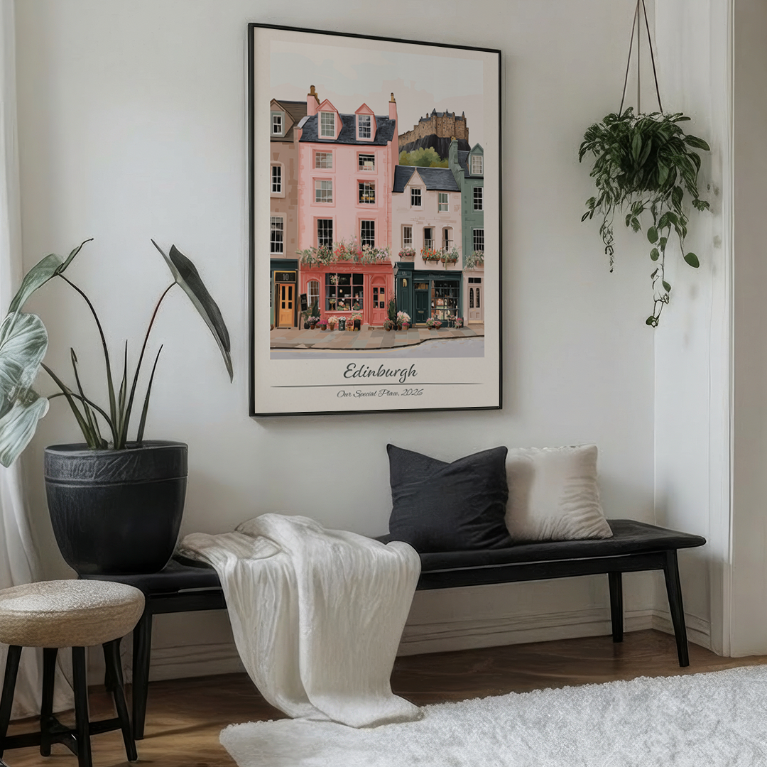 Living room with a bench, cushions, and a framed picture of Edinburgh on the wall.