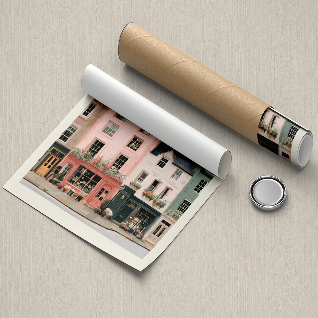 Rolled-up poster of a colorful street scene with a unrolling mechanism on a textured surface