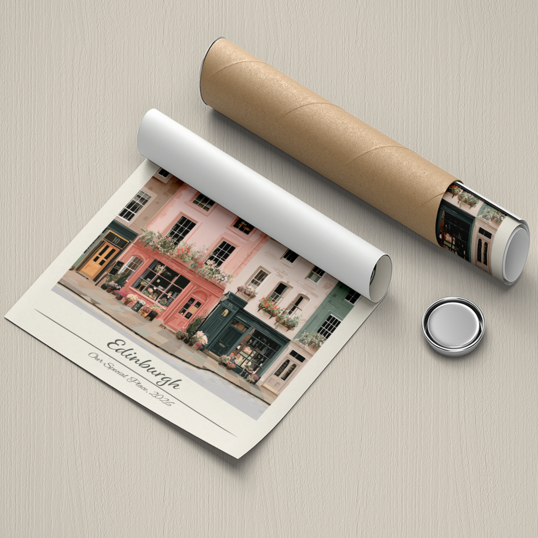 Roll of paper with a scenic print of a building, a cylindrical packaging tube, and a round metal object on a beige surface.