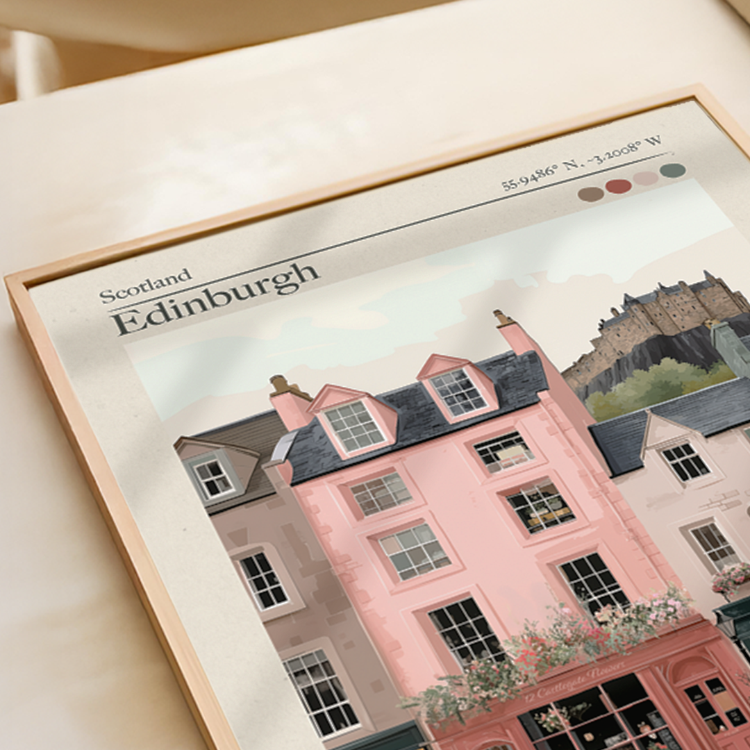 Framed artwork of a pink building in Edinburgh, Scotland