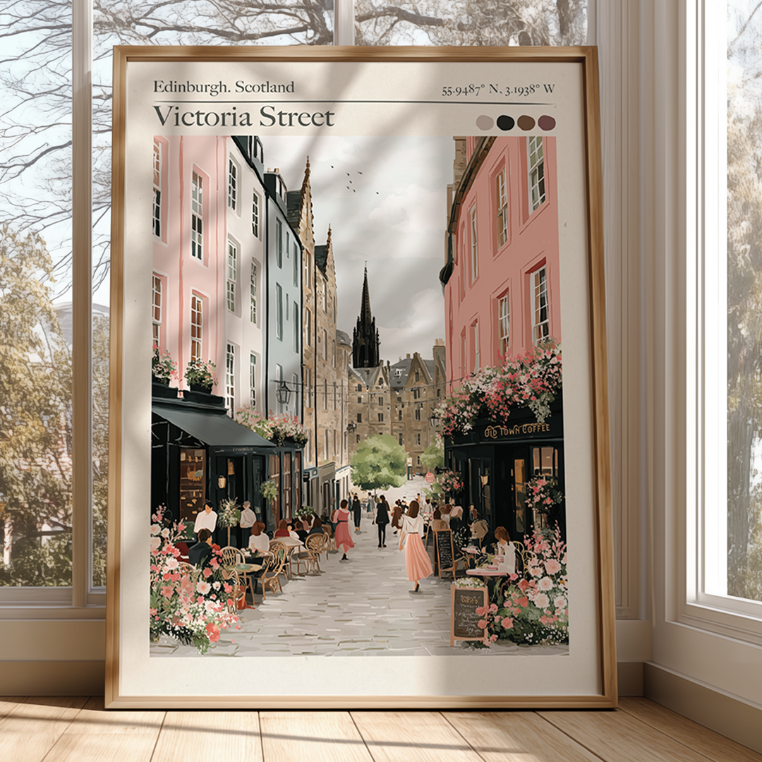 Framed artwork of Victoria Street in Edinburgh, Scotland, displayed on a wall.