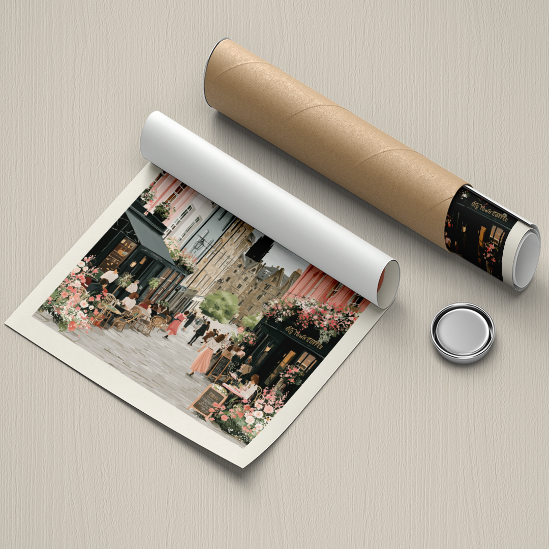 Unrolled poster with a scenic design on a textured surface, accompanied by a roll of paper and a small round object.
