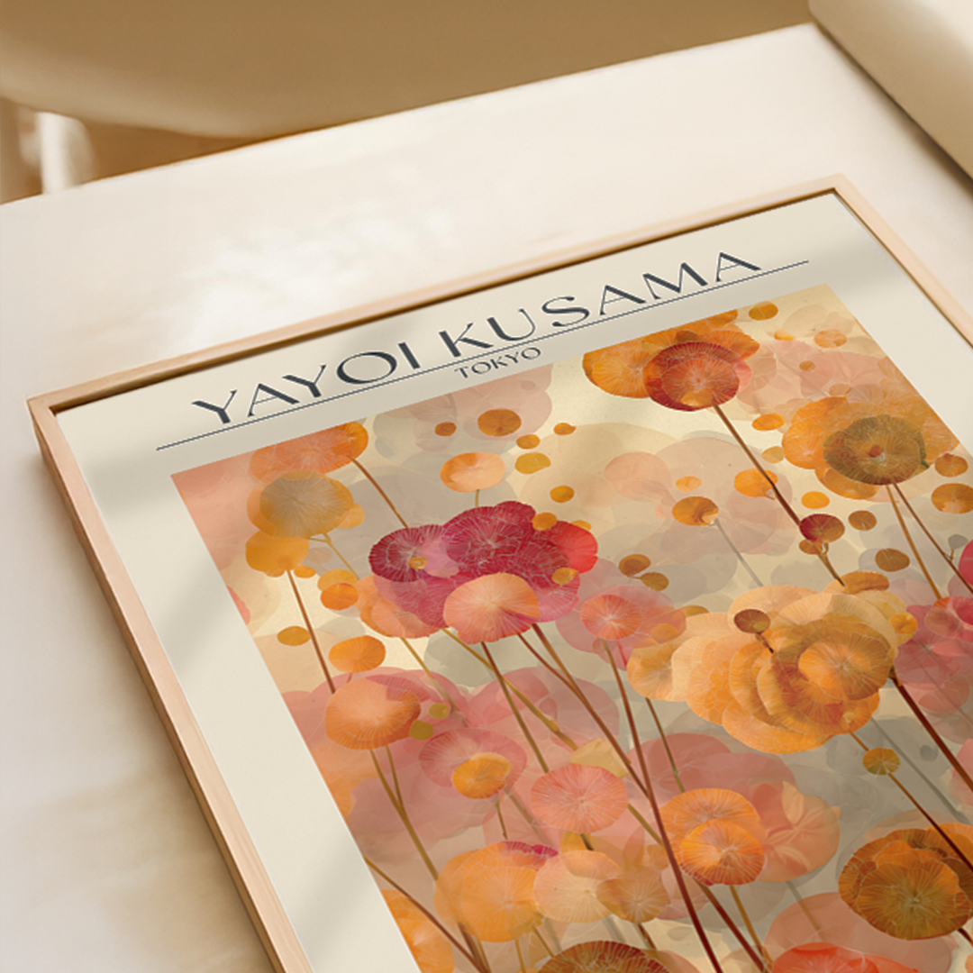 Framed artwork by Yayoi Kusama with floral design on a light surface