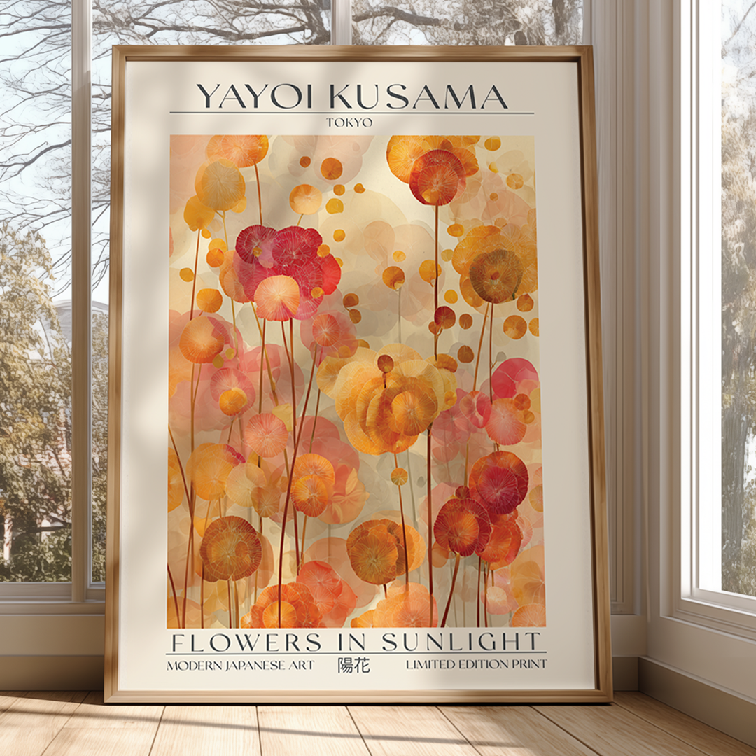Framed Yayoi Kusama artwork titled 'Flowers in Sunlight' in a room with large windows.