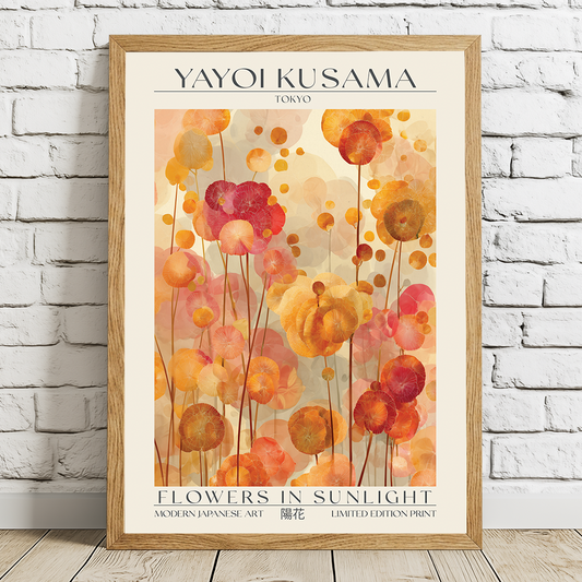 Framed Yayoi Kusama artwork titled 'Flowers in Sunlight' iin a white studio