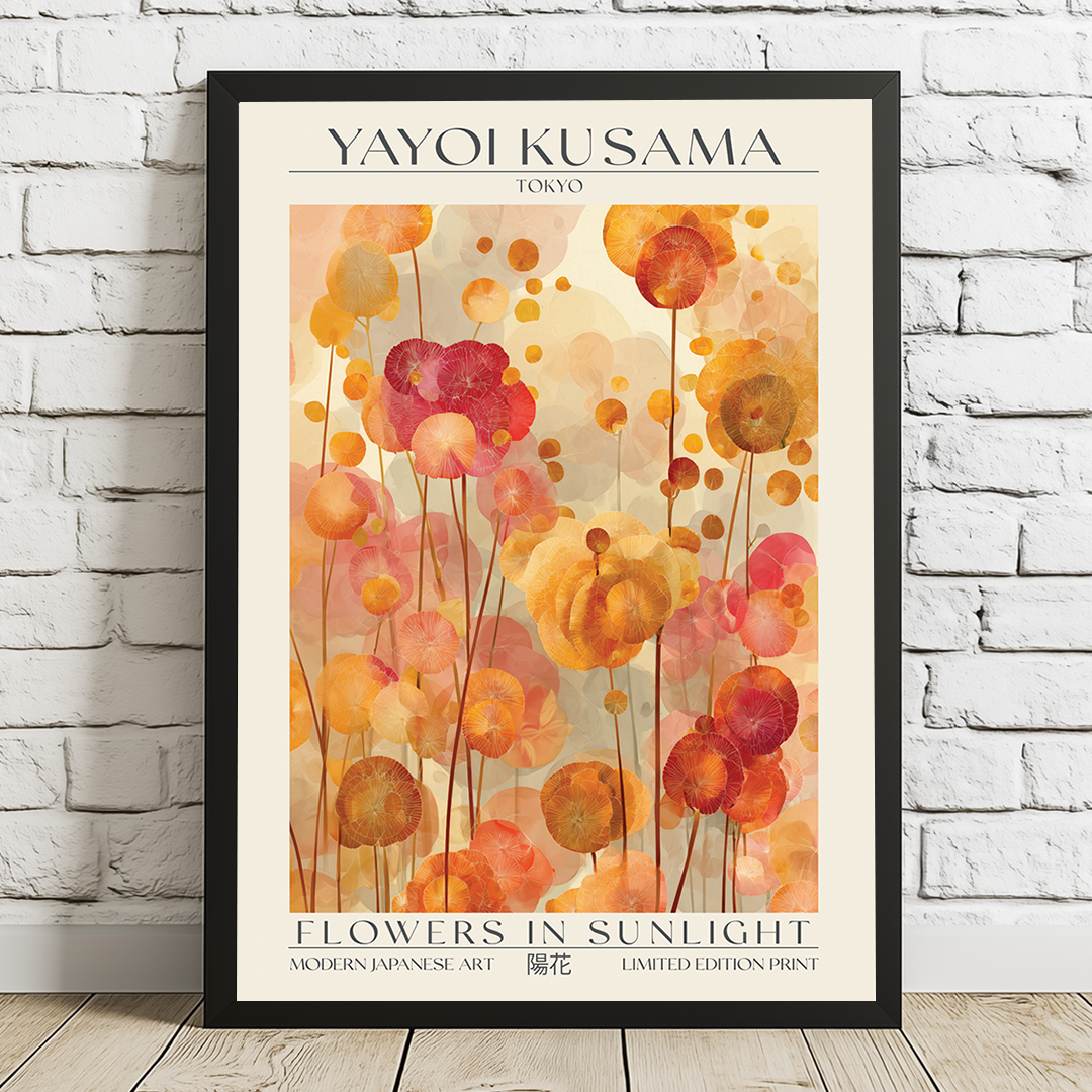 Framed artwork of Yayoi Kusama's 'Flowers in Sunlight' on a white brick wall.