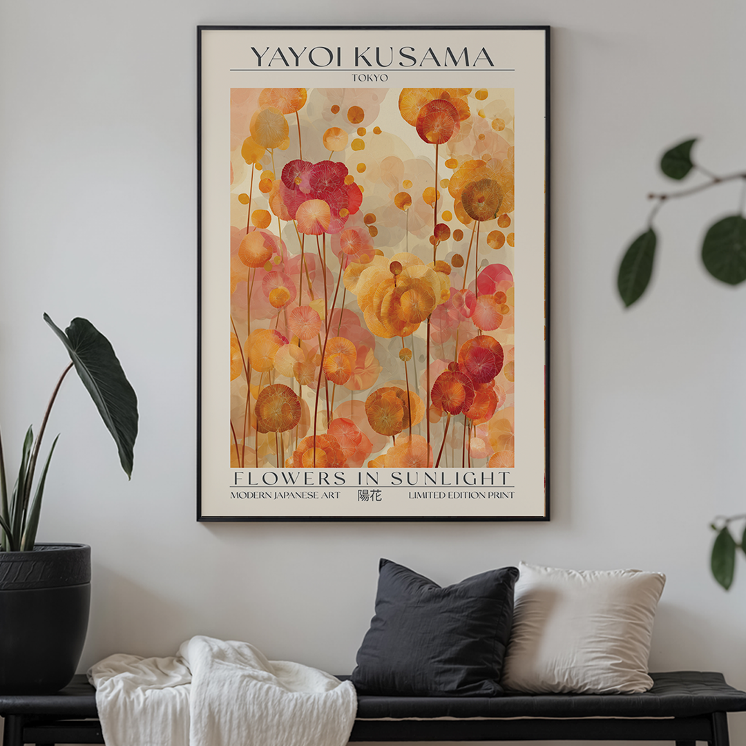 Framed Yayoi Kusama artwork titled 'Flowers in Sunlight' in a living room setting.