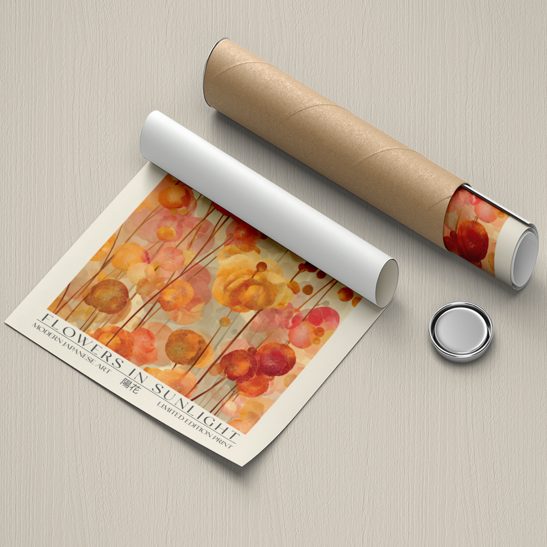 Floral art print with a roll of paper and a button on a textured surface