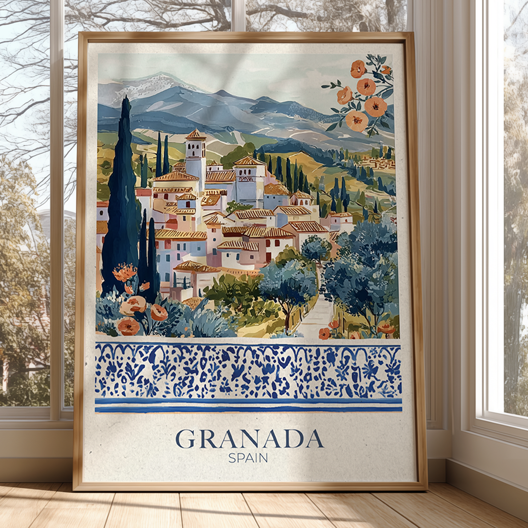 Framed artwork of Granada, Spain with scenic village and mountains.