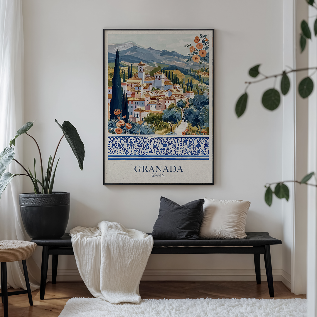 Living room with a bench, cushions, and a framed artwork of Granada on the wall.