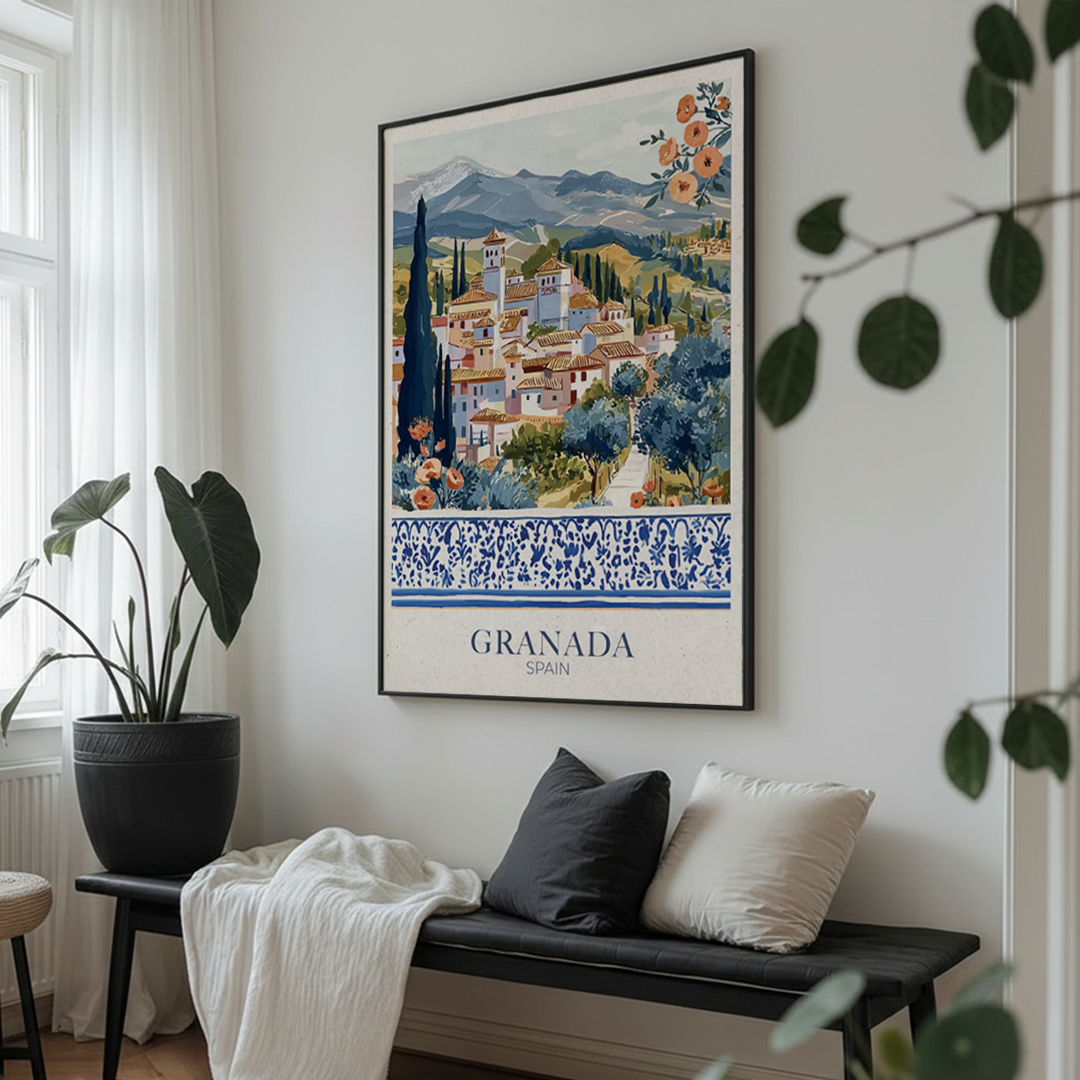 Framed artwork of Granada, Spain with scenic village in a modern living room
