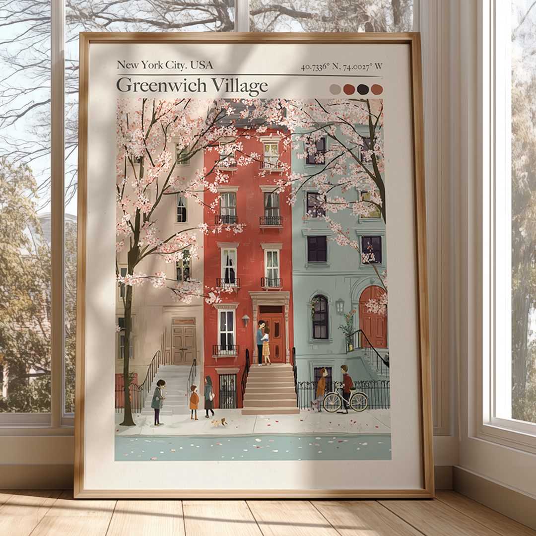Framed artwork of a street scene in Greenwich Village, New York City, with cherry blossoms.