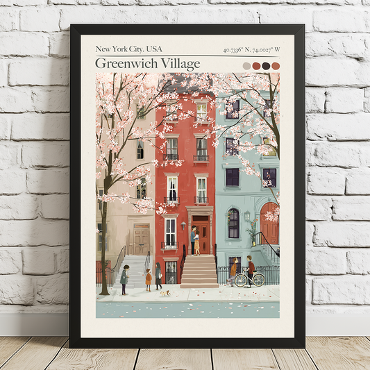 Framed artwork of a street scene in Greenwich Village, New York City, with cherry blossoms.